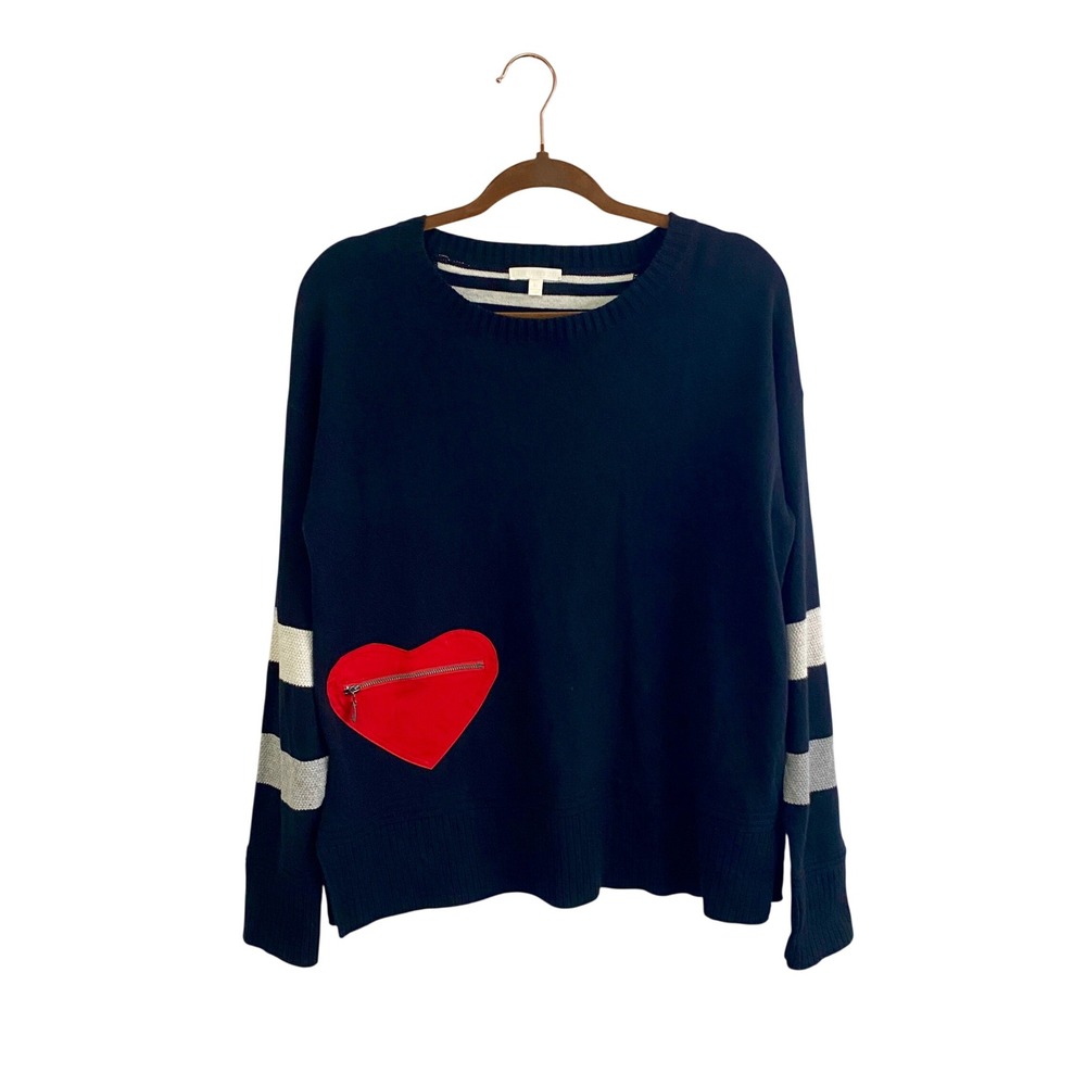 Lisa Todd Cashmere Blend Heart Zipper Pocket Sweater Striped‎ Sleeve Black L